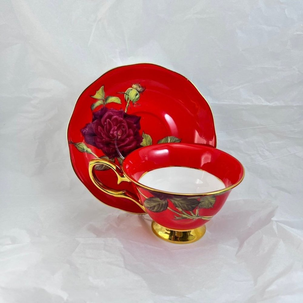 Stechcol Gracie Bone Rose Red & Gold China Teacup & Saucer